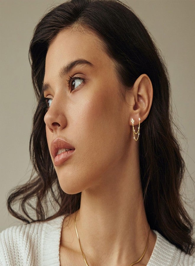 BUAEL 925 Sterling Silver Four Zircons Flower Stud Earrings For Women | Double Studs Chain Tassel Piercing Earring | Gold Plated Double Piercing Dangle Chain Earrings Jewelry Gifts for Women - Image 3